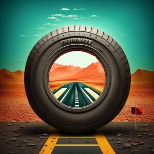 لاستیک خودرو روی جاده خشک با منظره کویری، نمای نزدیک از آج لاستیک و تماس آن با سطح جاده