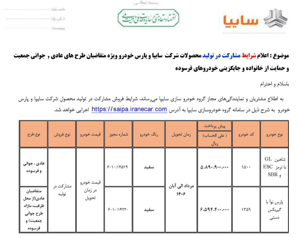 تصویر دوم مقاله شرایط فروش مشارکت در تولید شاهین و پارس نوآ سایپا اعلام شد | ثبت‌نام از ۳ خرداد ۱۴۰۶