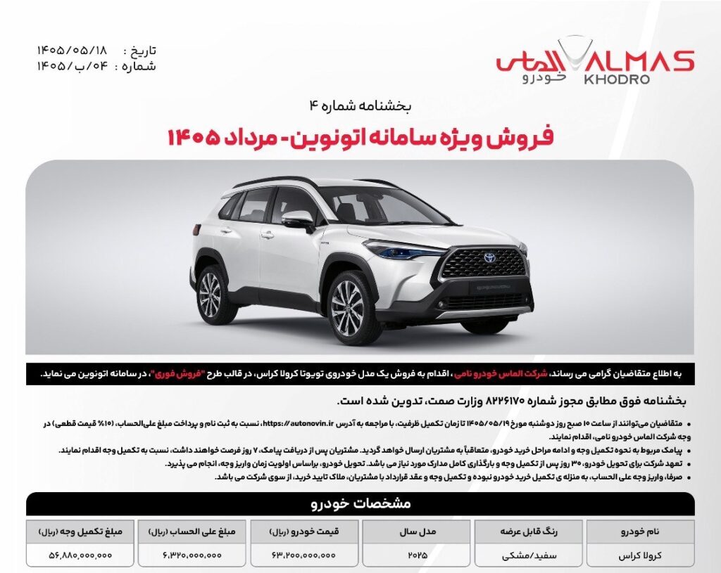 کرولا کراس سفید/مشکی مدل 2025